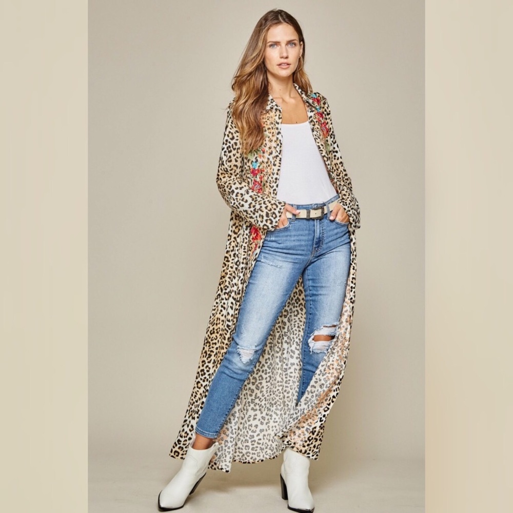 Leopard Floral Embroidered Boho Maxi Dress Duster - Picture 5 of 12